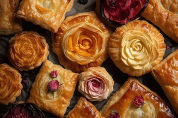 floral pattern on flaky puff pastries and turnovers, created with generative ai