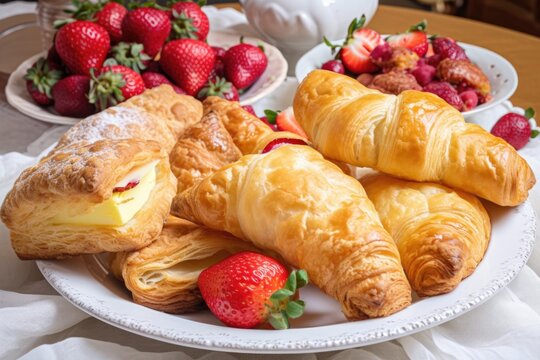 plate of flaky puff pastries and turnovers, filled with classic fillings such as cream cheese and strawberries, created with generative ai
