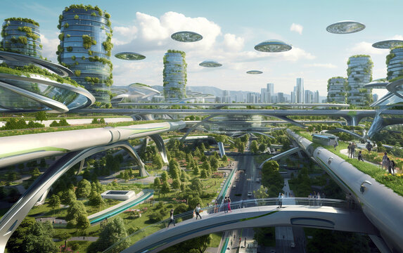 An imagined futuristic slightly sci-fi eco-friendly city. Innovations of an environmentally friendly metropolis. Green technology concept. Generative AI.