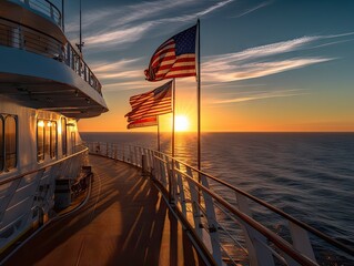 Fototapeta premium american flags on a cruise boat generative AI
