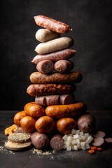 Balance of Different types of sausages on a dark wooden background. Generative AI