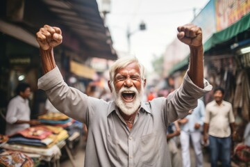 Lifestyle portrait photography of a satisfied old man celebrating with his fists against a bustling outdoor bazaar background. With generative AI technology