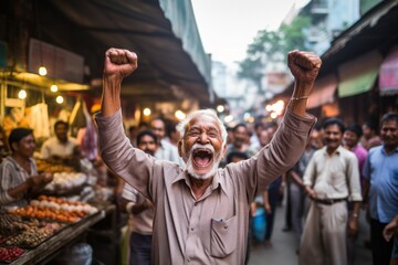 Obraz na płótnie Canvas Lifestyle portrait photography of a satisfied old man celebrating with his fists against a bustling outdoor bazaar background. With generative AI technology