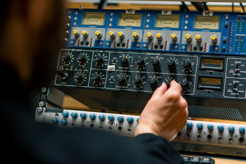 Sound engineer used digital audio mixer Sliders Engineer presses key Control panel Recording studio...