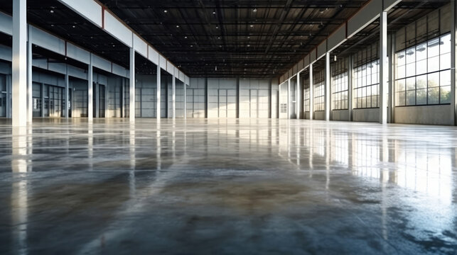 Industrial building or modern factory for manufacturing production plant or large warehouse, Polished concrete floor clean condition and space for industry product, Generative AI