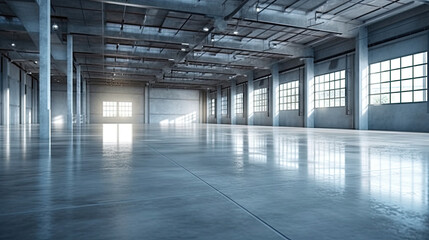 Industrial building or modern factory for manufacturing production plant or large warehouse, Polished concrete floor clean condition and space for industry product, Generative AI