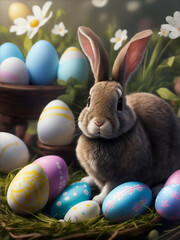 Fototapeta na wymiar Happy bunny rabbits with easter eggs, Generative AI Illustration.