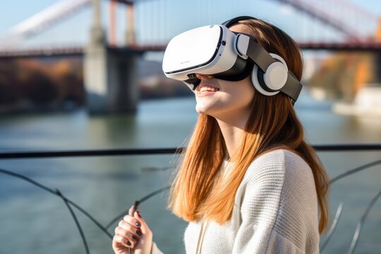 Photography in the style of pensive portraiture of a grinning girl in her 30s playing with virtual reality mask against a picturesque bridge background. With generative AI technology