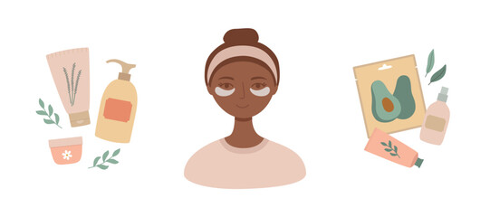 Portrait of a young woman and cosmetic products set. Template for testing cosmetics, reviews, blog, influencer