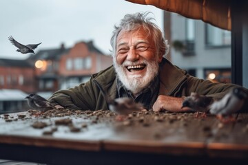 Close-up portrait photography of a grinning old man feeding birds with crumbs against a lively rooftop bar background. With generative AI technology