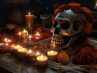 Day of the Dead sugar skull makeup with flowers and candles on dark background Created with Generative AI technology
