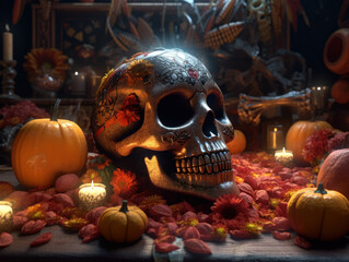 Day of the Dead sugar skull makeup with flowers and candles on dark background Created with Generative AI technology