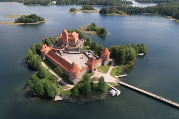 Trakai Castle in Lithuania, view from the drone
