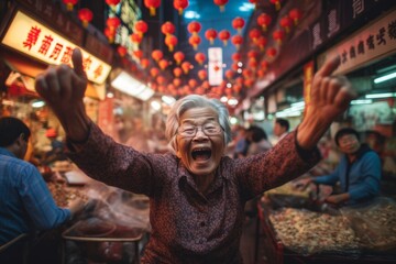 Fototapeta na wymiar Medium shot portrait photography of a glad old woman jumping with hands up against a lively night market background. With generative AI technology