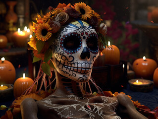 Day of the Dead woman skull makeup with flowers and candles on dark background Created with Generative AI technology