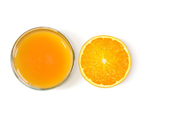 Fototapeta na wymiar Orange slices and glass of orange juice top view PNG transparent
