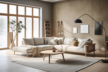 Naklejka na ściany i meble Contemporary Interior Design Background. Interior of living room with green houseplants and sofas. Scandinavian Living Room.