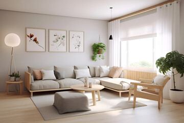 Naklejka na ściany i meble Contemporary Interior Design Background. nterior of living room with green houseplants and sofas. Scandinavian Living Room.
