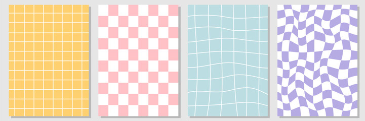 Set of abstract groovy hippie backgrounds. Distorted and twisted checkerboard, chessboard texture in trendy retro psychedelic style. Vector illustration