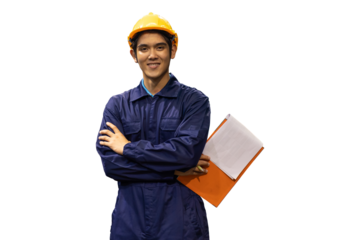 Portrait of smiling Asian male worker in safety uniform with clipboard on white background