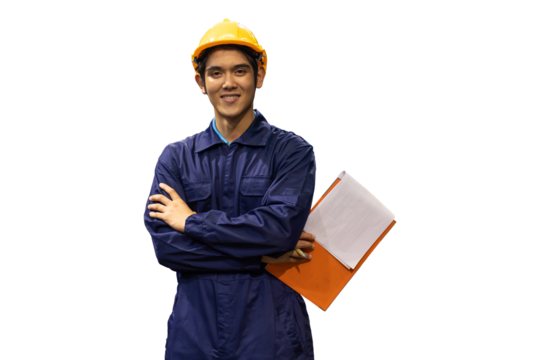 Portrait of smiling Asian male worker in safety uniform with clipboard on white background