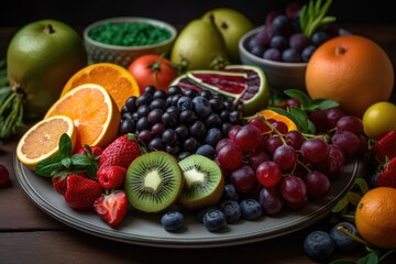 Naklejka na ściany i meble plate of colorful fruits and vegetables, with their various antioxidants and vitamins, created with generative ai