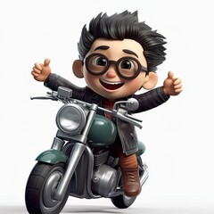 Obraz na płótnie Canvas Cute boy 3D style, riding motorcycle with my leather jacket - generative AI illustration