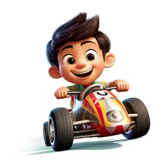 Cute boy 3D style, ready to compete with my gocart - generative AI illustration - obrazy, fototapety, plakaty
