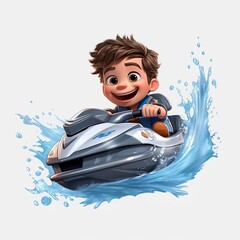Cute boy 3D style, driving jet ski on the beach - generative AI illustration