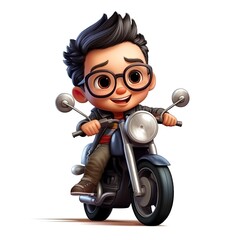 Cute boy 3D style, riding motorcycle with my leather jacket - generative AI illustration