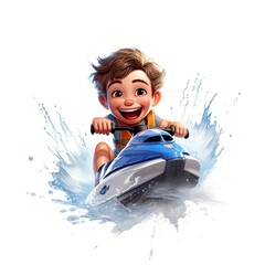 Cute boy 3D style, driving jet ski on the beach - generative AI illustration