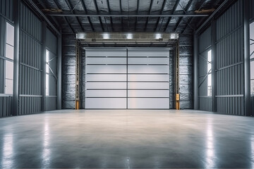 Roller door or roller shutter using for factory, warehouse or hangar. Industrial building interior consist of polished concrete floor, Generative AI