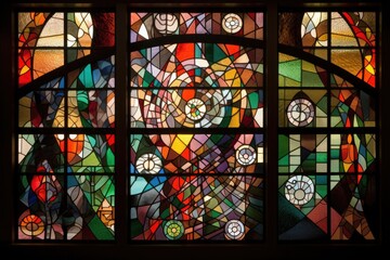 stained glass window with mosaic of geometric shapes and colors, created with generative ai