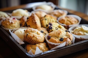 muffin tray filled with freshly baked muffins and scones, ready to be enjoyed with tea, created with generative ai