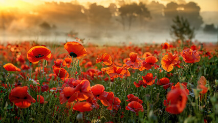 A misty sunrise on a poppy field, Denmark