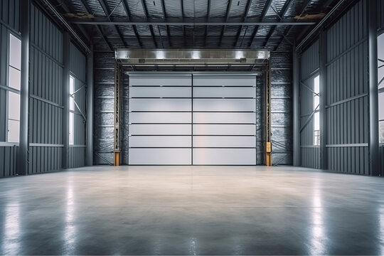 Roller Door Or Roller Shutter Using For Factory, Warehouse Or Hangar. Industrial Building Interior Consist Of Polished Concrete Floor, Generative AI