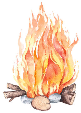 Burning bonfire.Camping fire. Fireplace with fire coals or woodfire.Painted with watercolor.