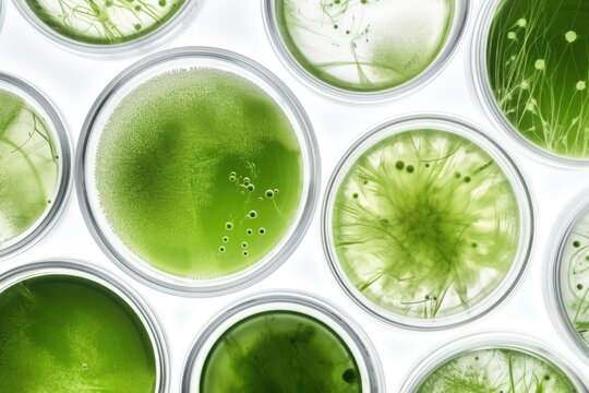 Algae, microalgae in petri dishes research in laboratories. biotechnology, science. Flat lay, top view. Macro. Biofuel research process in laboratory. Generative AI