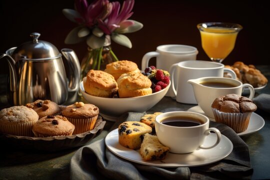 hot cup of tea and assortment of muffins, scones, and other pastries, created with generative ai