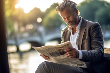 Close-up portrait photography of a glad mature boy reading the newspaper against a peaceful riverside walk background. With generative AI technology