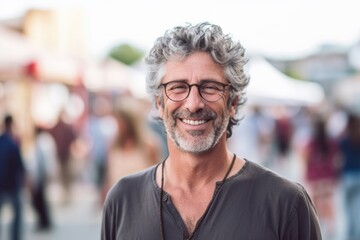 Medium shot portrait photography of a satisfied mature boy smiling against a bustling art fair background. With generative AI technology