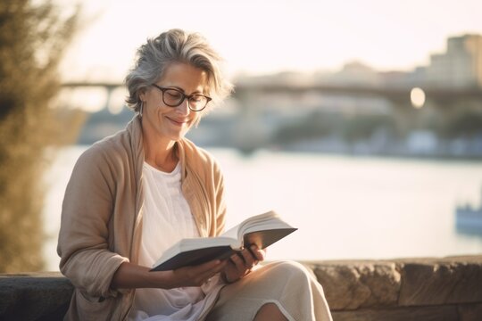 Medium shot portrait photography of a glad mature girl reading a book against a peaceful riverside walk background. With generative AI technology