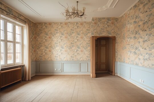 a room with freshly painted walls and beautiful wallpaper, ready to be filled with furniture, created with generative ai
