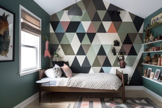 painted walls, with geometric wallpaper adding visual interest, created with generative ai