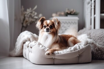 luxury pet bed with pillow, blanket and toy on fluffy white duvet, created with generative ai