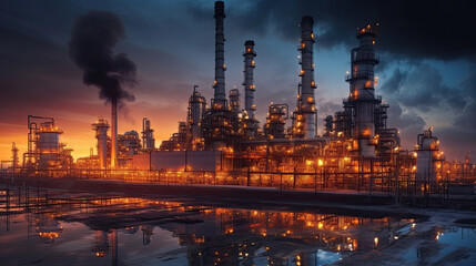 Fototapeta na wymiar Oil refinery at twilight, Generative AI