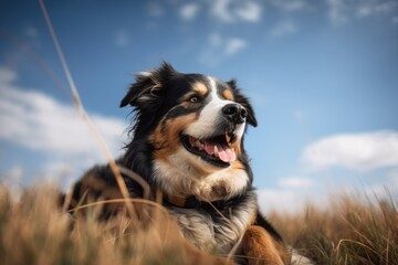 portrait of happy dog lying on grassy field, with beautiful blue sky overhead, created with generative ai