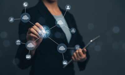 Digital change management concept versus Ai management system, big data management technology and digital marketing business process building. Transferring customer data with cloud technology