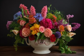 Obraz premium ceramic vase overflowing with vibrant flowers and greenery, created with generative ai