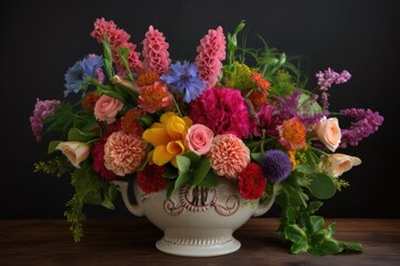 ceramic vase overflowing with vibrant flowers and greenery, created with generative ai